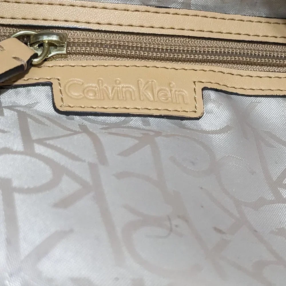 Calvin Klein Signature Tote Shoulder Bag Brown CK Monogram Print Brown Leather